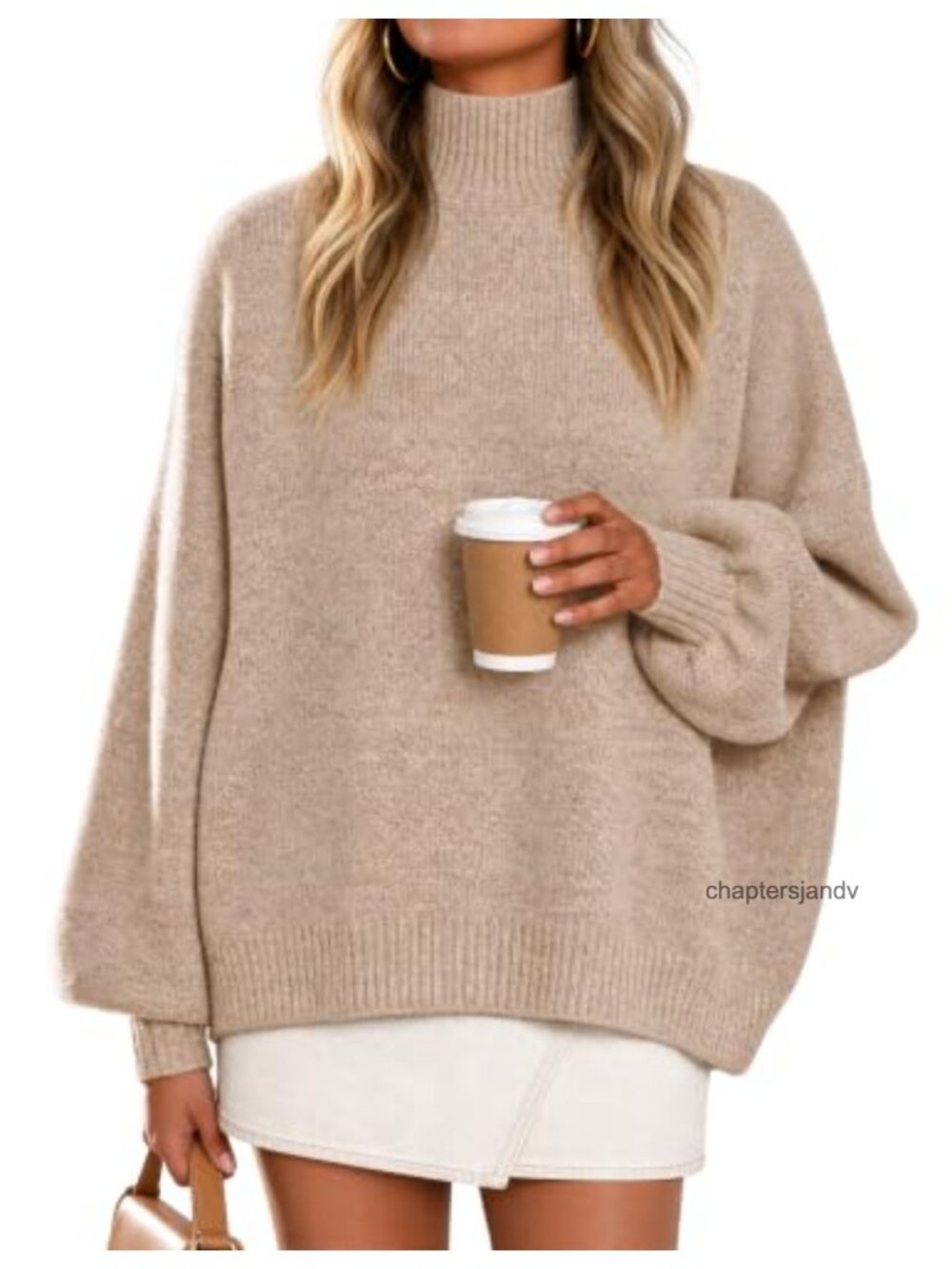 Oversized Turtleneck Tunic Sweater Drop Shoulder Batwing Sleeve Fuzzy Knit